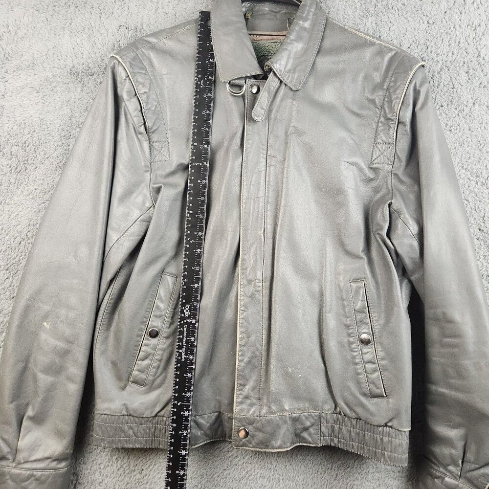 Vintage Leather Bomber Jacket 40L Flight Moto Gray/Green Biker Removeable Liner - Picture 6 of 13